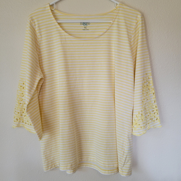 PXL Yellow and White Striped 3/4 Flared Sleeve with Embroidered Detail - Picture 3 of 7